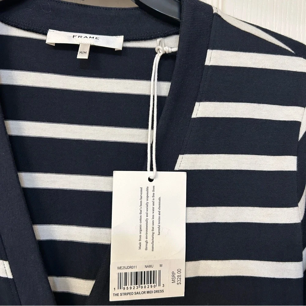 Frame The Striped Sailor Organic Cotton Midi Dress in Navy Multi Size M - Picture 9 of 11